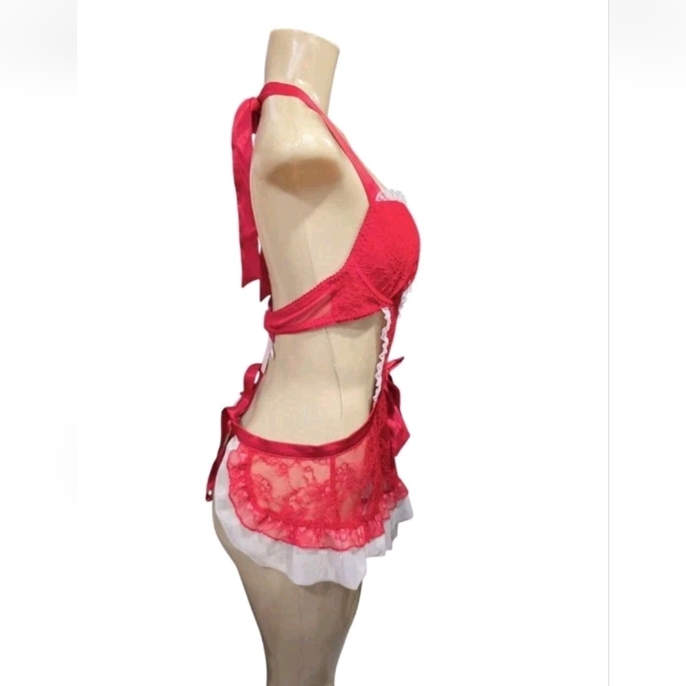 Victoria’s Secret Size M Red White Lightly Lined Lace Apron Lingerie Teddy - Picture 4 of 12